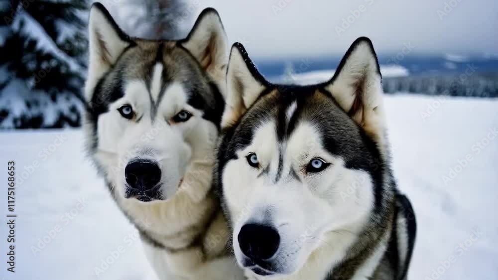 Close up view of two husky dogs in winters Close up view of two husky dogs in winters