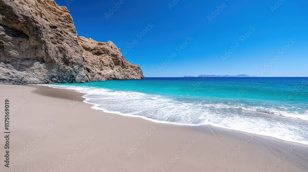 Stunning Santorini beach with clear blue waters and rocky cliffs Stunning Santorini beach with clear blue waters and rocky cliffs