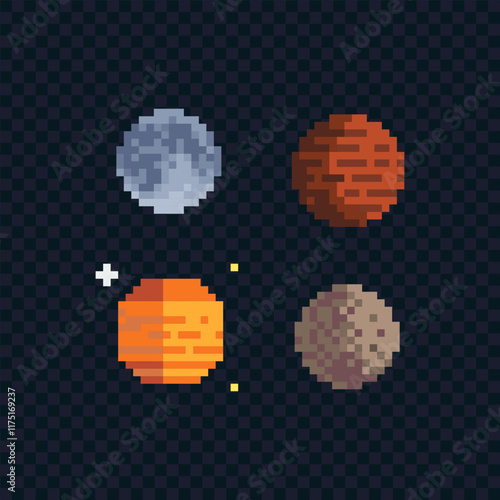 Planet pixel art icon set. 8-bit sprite. Old school computer graphic style. Isolated vector illustration. Knitted design.
