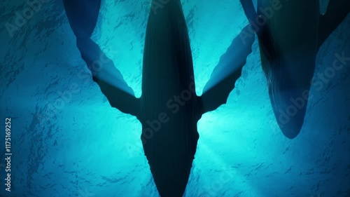 A group of humpback whales swim underwater