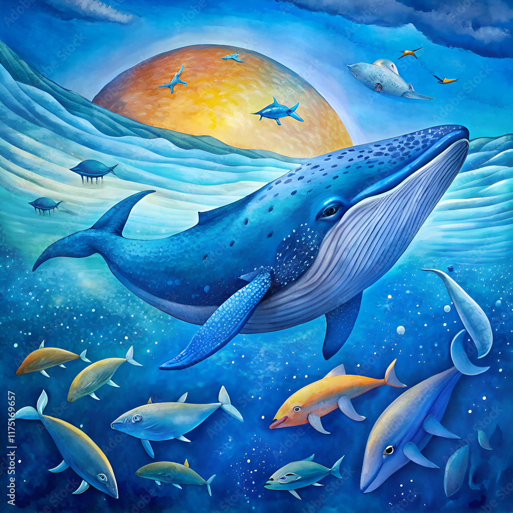 Fototapeta premium Enchanted whale swims with colorful fish.