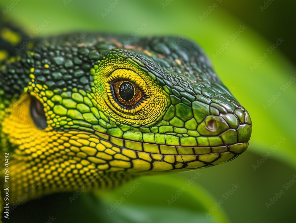 Fototapeta premium close-up portrait of an exotic green and yellow lizard, macro photography, studio lighting, professional color grading, shallow depth of field, green background