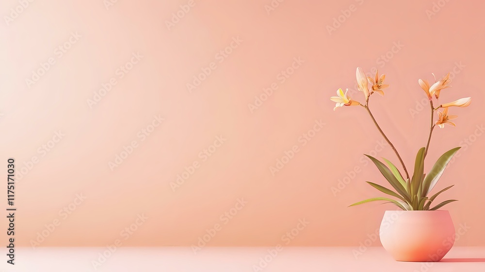 Obraz premium A pastel peach background with minimal textures and a flower pot in the lower right corner, offering a soft and airy layout