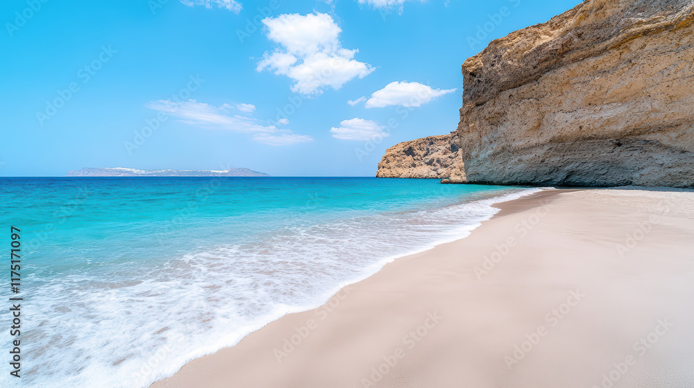 Stunning Santorini beach with clear turquoise water and sandy shore Stunning Santorini beach with clear turquoise water and sandy shore