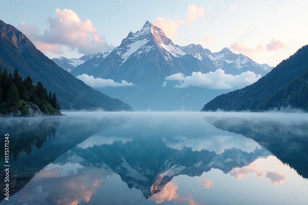 Fototapeta premium Misty veil lifts revealing majestic mountain peaks reflected in still lake, misty, mountain