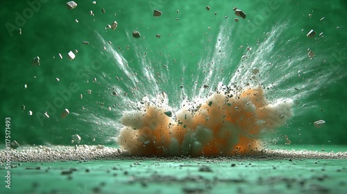 Explosion with Flying Debris on Green Background. Generative AI
