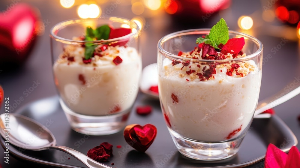 Elegant Dessert Presentation with Roses and Mint in Romantic Setting Elegant Dessert Presentation with Roses and Mint in Romantic Setting
