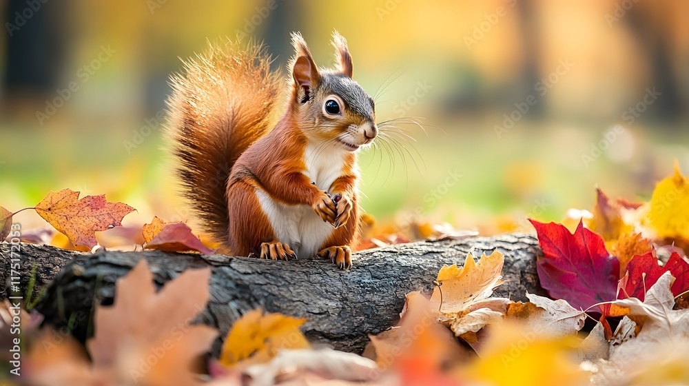 A squirrel sitting on a log with colorful autumn leav A squirrel sitting on a log with colorful autumn leav