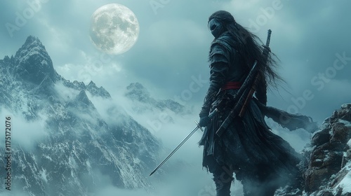 Dark Elf Warrior in Snowy Mountains under Full Moon. Generative AI