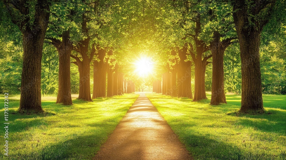 Fototapeta premium Sunlit Path Through Majestic Tree Lined Avenue