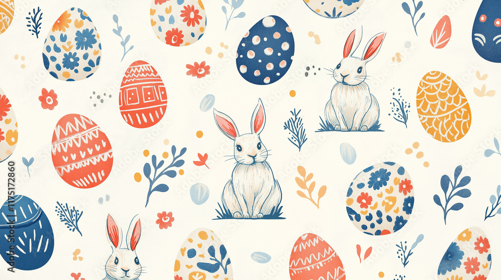 Beautiful patterns on Easter-themed eggs and rabbit on a white fabric. Easter day concepts. Generative AI Illustration. Beautiful patterns on Easter-themed eggs and rabbit on a white fabric. Easter day concepts. Generative AI Illustration.