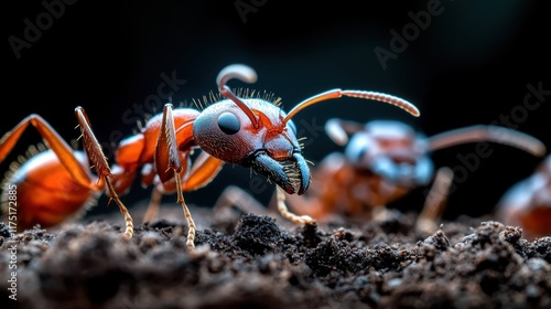 A detailed macro shot of an ant skittering on soil, showcasing the intricate textures and features of the insect amid its natural, earthy surroundings. photo