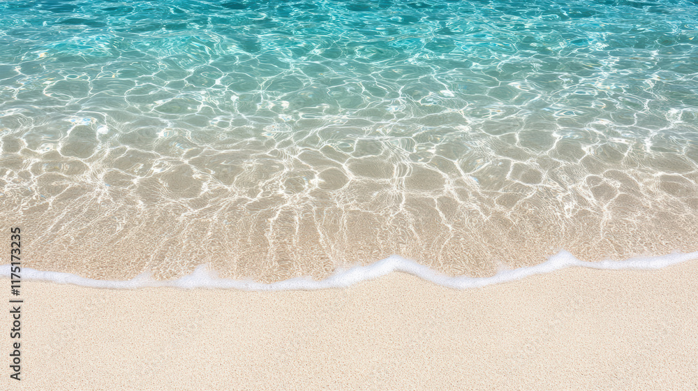 Crystal clear water gently laps at sandy shore, creating serene beach scene Crystal clear water gently laps at sandy shore, creating serene beach scene