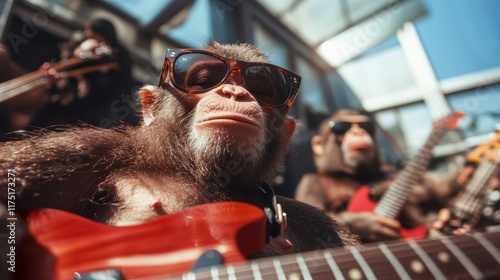 Amid lively musical performance, a chimpanzee in sunglasses passionately plays guitar, showcasing an amusing fusion of human music passion and animal energy. photo