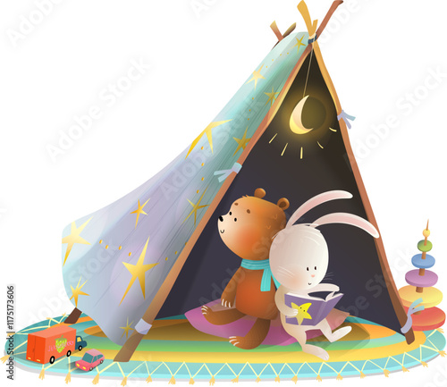 Teddy bear and cute rabbit toys reading book together inside play tent. Illustration for kids kindergarten education and learning. Children home playground. Vector clipart cartoon in watercolor.