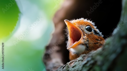 A small bird with a vibrant plumage and an open beak sits in a tree hollow, capturing a moment of nature's innocence and beauty in vivid detail and realism. photo