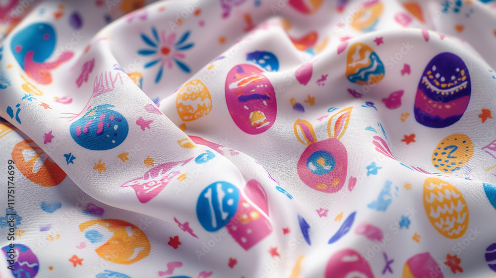 Beautiful patterns on Easter-themed eggs and rabbit on a white fabric. Easter day concepts. Generative AI Illustration. Beautiful patterns on Easter-themed eggs and rabbit on a white fabric. Easter day concepts. Generative AI Illustration.