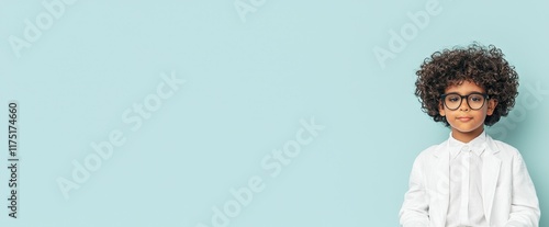 Young Boy with Curly Hair in Glasses Wearing White Suit Against Blue Background