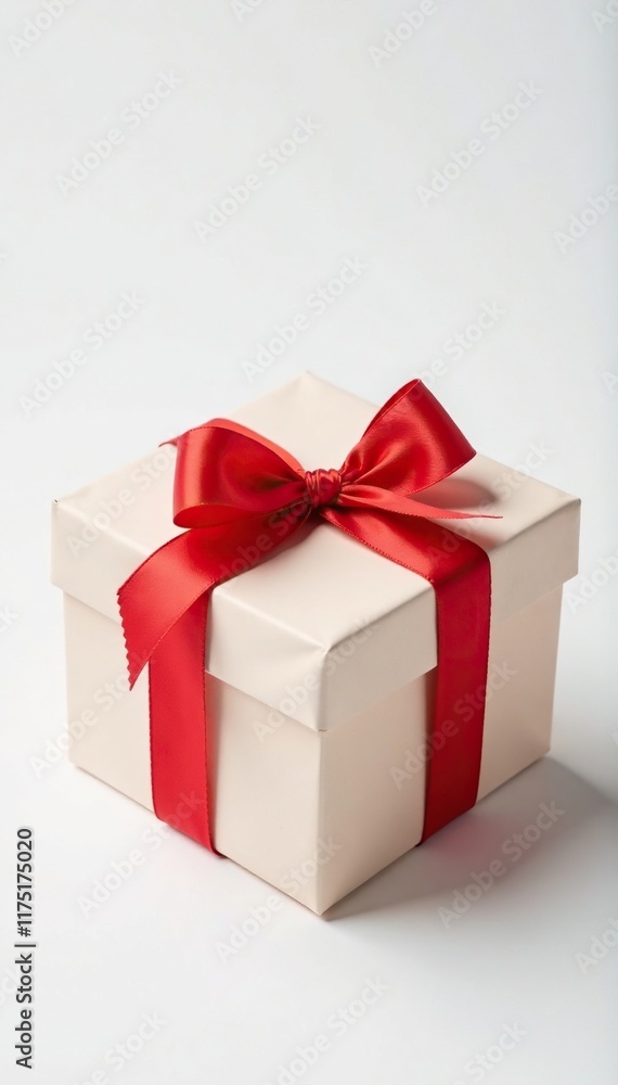 Simple gift box wrapped in red ribbon on white background, wrapping, decorative, empty