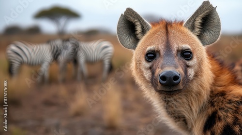 A curious hyena gazes forward as zebras linger blurred in the background, set against an open African landscape, illustrating wildlife interaction. photo