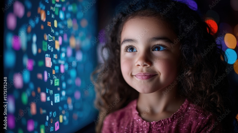 Curious Girl Gazing at Colorful Digital Icons on Bright Screen in Modern Setting Curious Girl Gazing at Colorful Digital Icons on Bright Screen in Modern Setting