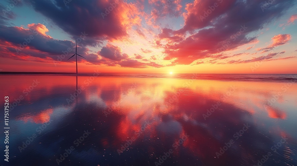 Obraz premium Sunset with Wind Turbines. Generative AI