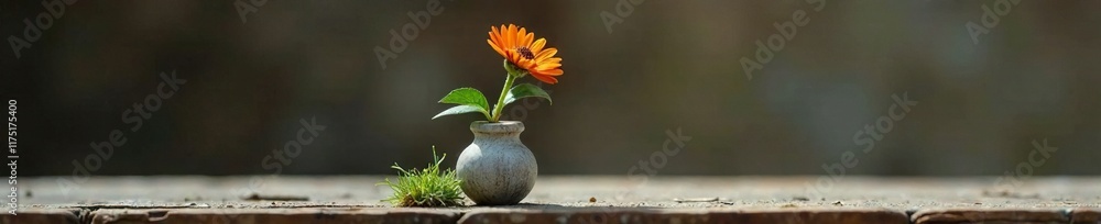 Obraz premium Single wildflower in a small wooden gray vase with some moss, wood, compact, tiny