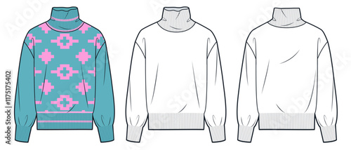 Sweater technical fashion illustration, geometric pattern. Sweatshirt fashion flat technical drawing template, roll neck, oversize, front and back view, white, green, women, men, unisex CAD mockup.