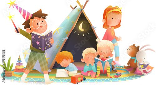 Children of different age playing together at home or kindergarten. Elementary and school age kids reading books. Education and learning colorful children illustration. Vector clip art cartoon