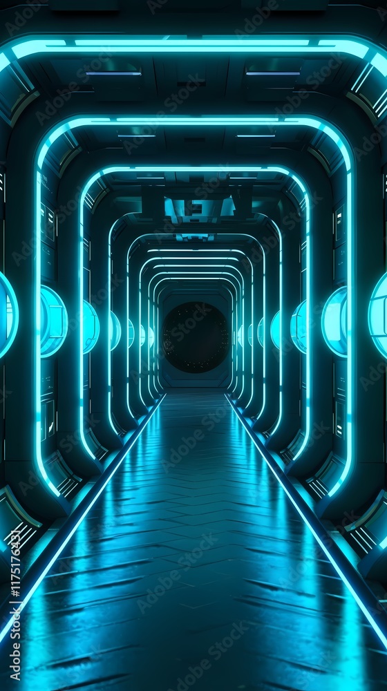 Fototapeta premium Technology blue black grid future space tunnel poster background