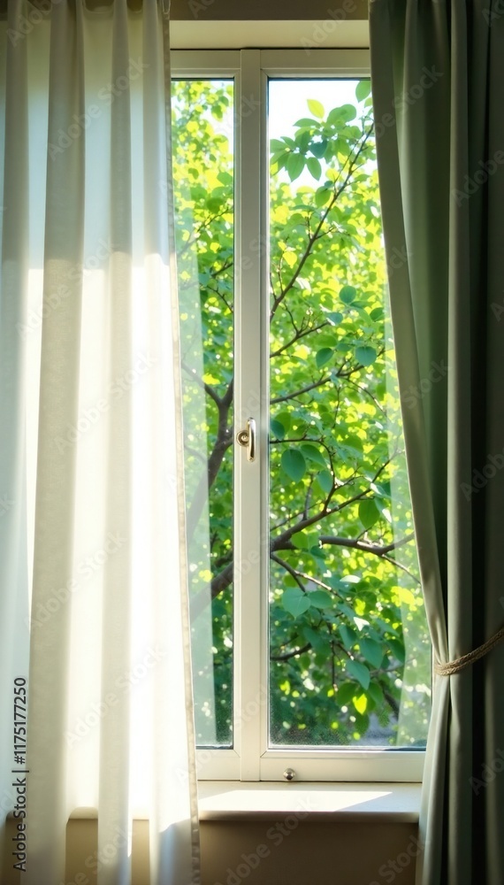 Fototapeta premium Soft curtain covers a window with branches of a green tree outside, tree, branch