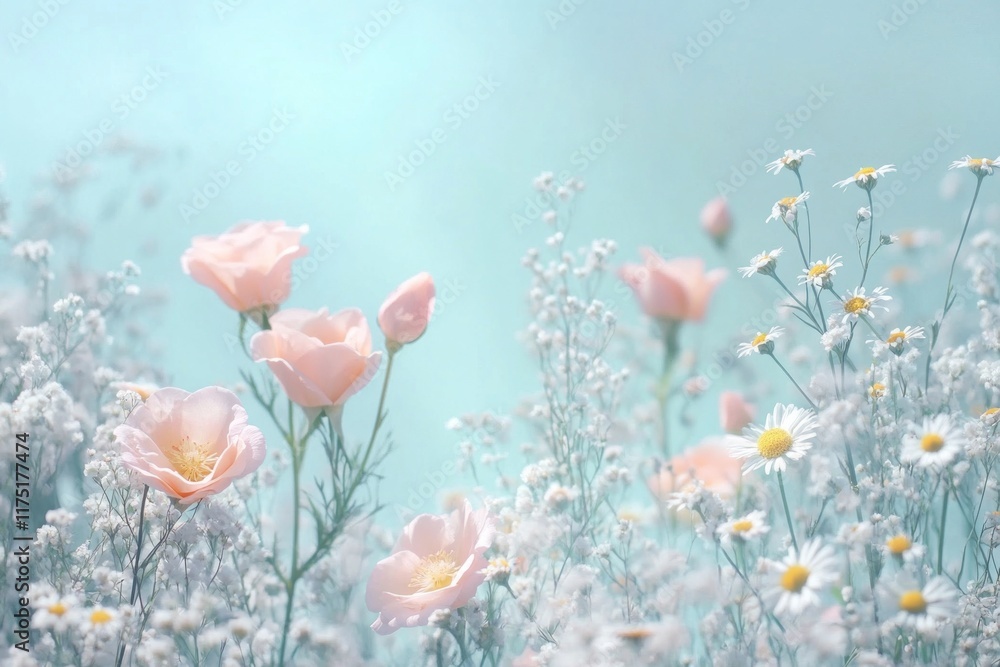 Obraz premium Soft pastel pink and white flowers in a dreamy field.