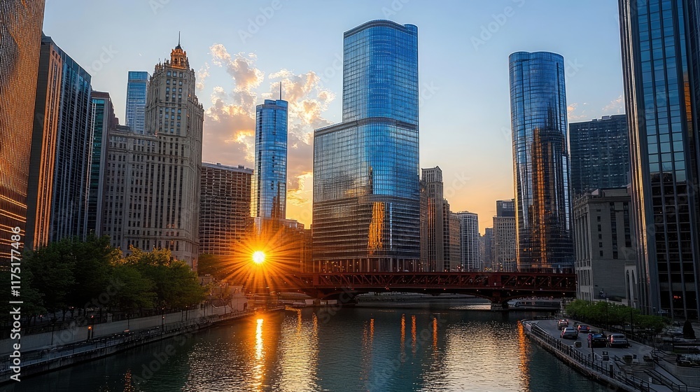 Naklejka premium Chicago Skyline Sunset River Cityscape