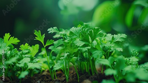 A cluster of fresh parsley plants growing in rich soil, their textured leaves sharp and detailed, framed by soft-focus greenery.