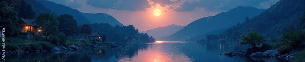 Soft moonlight illuminates the tranquil atmosphere of a peaceful river valley, natural wonders, reflective surfaces Soft moonlight illuminates the tranquil atmosphere of a peaceful river valley, natural wonders, reflective surfaces