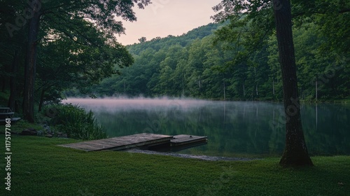 Serene Morning Mist Over Calm Lake And Wooden Dock