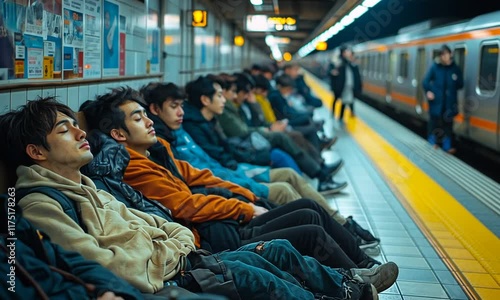 Tired commuters sleep peacefully on a crowded Tokyo subway platform, waiting for the next train.  The urban rhythm slows down for a moment, capturing a slice of daily life in the city.