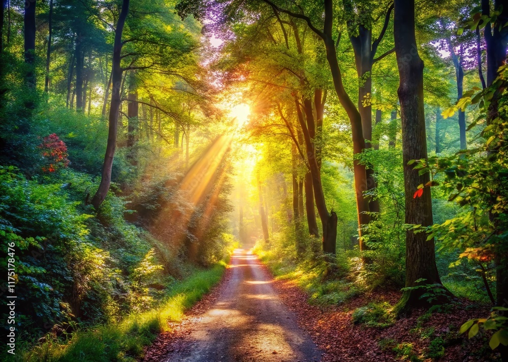 Obraz premium Serene Forest Trail: Sunlight Dappled Path Perfect for Hiking & Jogging