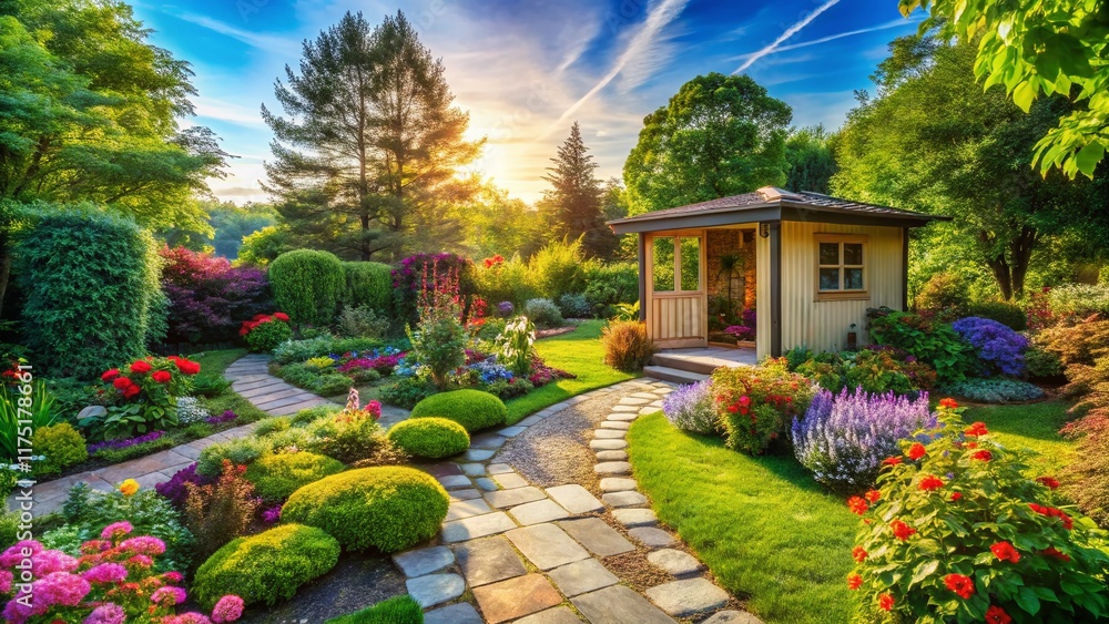 Obraz premium Serene Garden Office: Stone Path to Tranquil Workspace