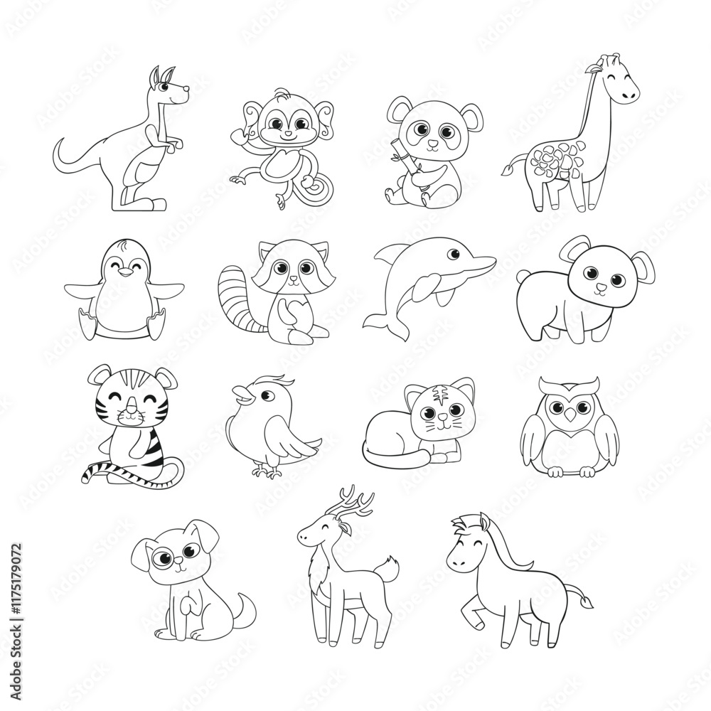 Fototapeta premium Collection of Cute Animal Line Art Drawings for Coloring Activities 