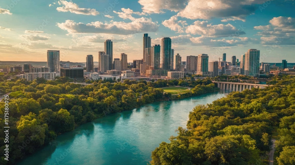 Fototapeta premium Austin City Skyline River And Lush Green Trees