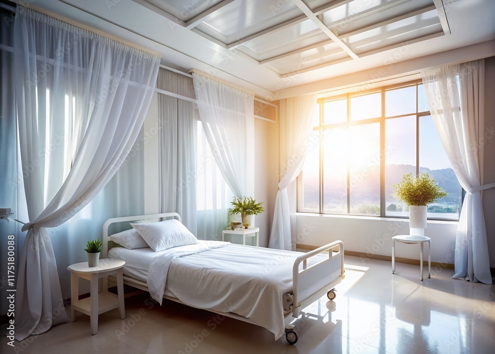 Fototapeta premium Serene Hospital Room: Clean Curtains & Comfortable Inpatient Care