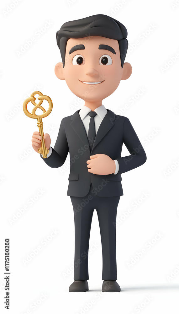 3D cartoon illustration of a businessman holding a golden key, symbolizing success AI Generated 3D cartoon illustration of a businessman holding a golden key, symbolizing success AI Generated