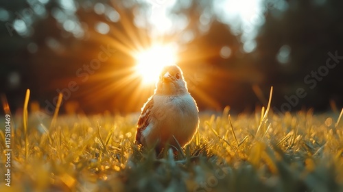 A lone bird stands amidst grass, with the sunburst creating a stunning background, showcasing nature's beauty, simplicity, and evoking a sense of dawn renewal. photo