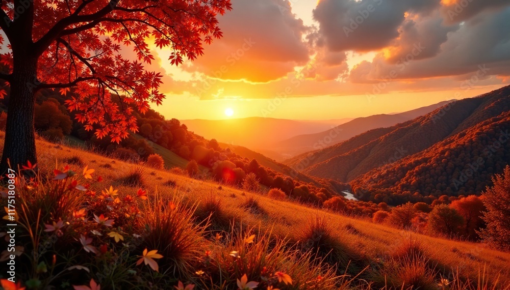 Warm sunset over a textured autumn landscape with orange hues and golden shimmer, sunsets, orange, autumn Warm sunset over a textured autumn landscape with orange hues and golden shimmer, sunsets, orange, autumn