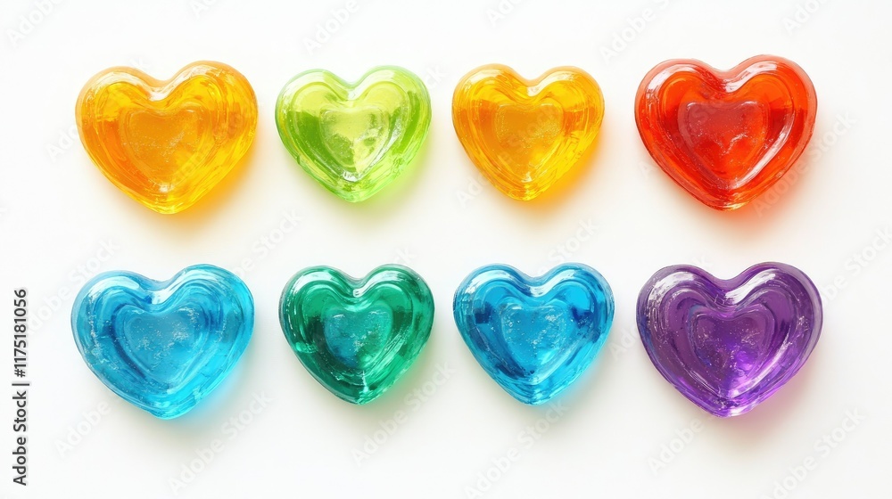 A set of heart-shaped chewy candies forming a pattern on a white background, with a vibrant color palette for romantic themes. A set of heart-shaped chewy candies forming a pattern on a white background, with a vibrant color palette for romantic themes.
