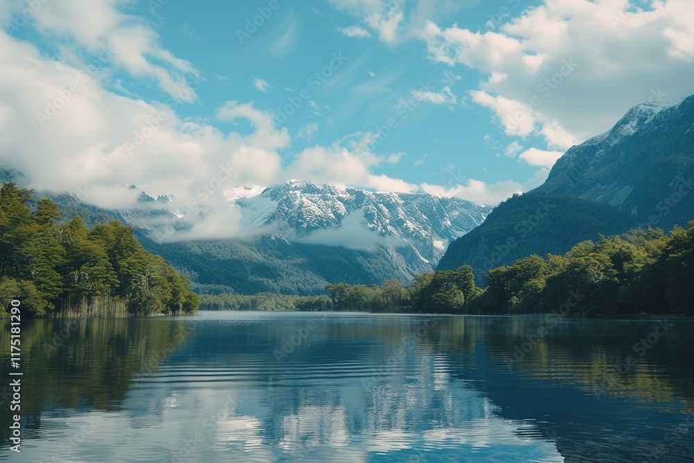 A serene mountain lake surrounded by lush green forests, with crystal-clear water reflecting the distant snow-capped peaks and fluffy clouds above. A serene mountain lake surrounded by lush green forests, with crystal-clear water reflecting the distant snow-capped peaks and fluffy clouds above.