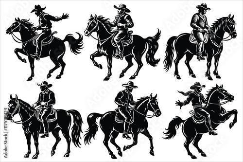 Set of Hand Drawn Cowboy on Bucking Bronco Horse Silhouette Vector Illustrations