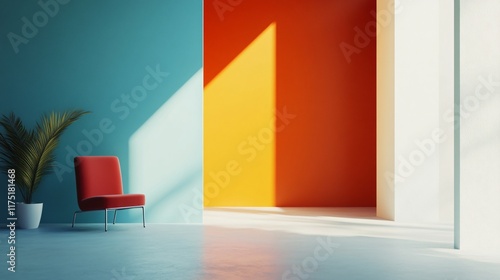 Red chair sits in front of a wall with three different colored walls. The chair is positioned in front of a window, which lets in natural light. The room has a modern and minimalist design photo