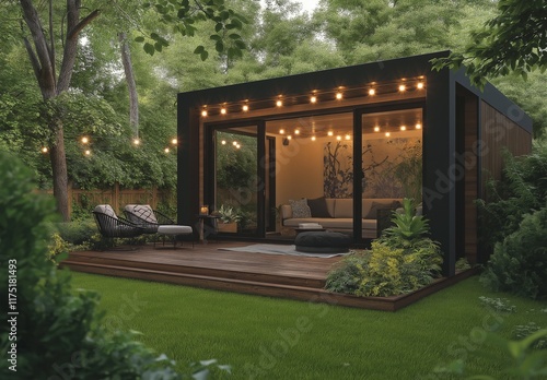 
A modern backyard with an outdoor seating area surrounded by lush greenery, featuring string lights and natural light from large windows. The space includes wooden flooring and comfortable chairs.